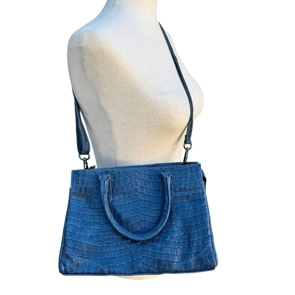 Borse in Pelle Italy Blue Croc Embossed‎ Genuine Leather Satchel Crossbody Bag
